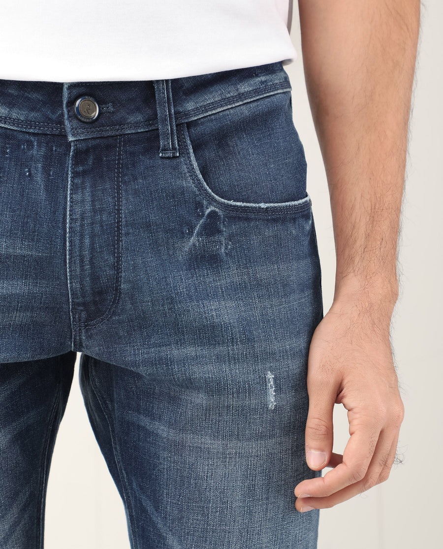 Rare Rabbit Men's Grimm Blue Cotton Plain Hawk Slim Fit Jeans