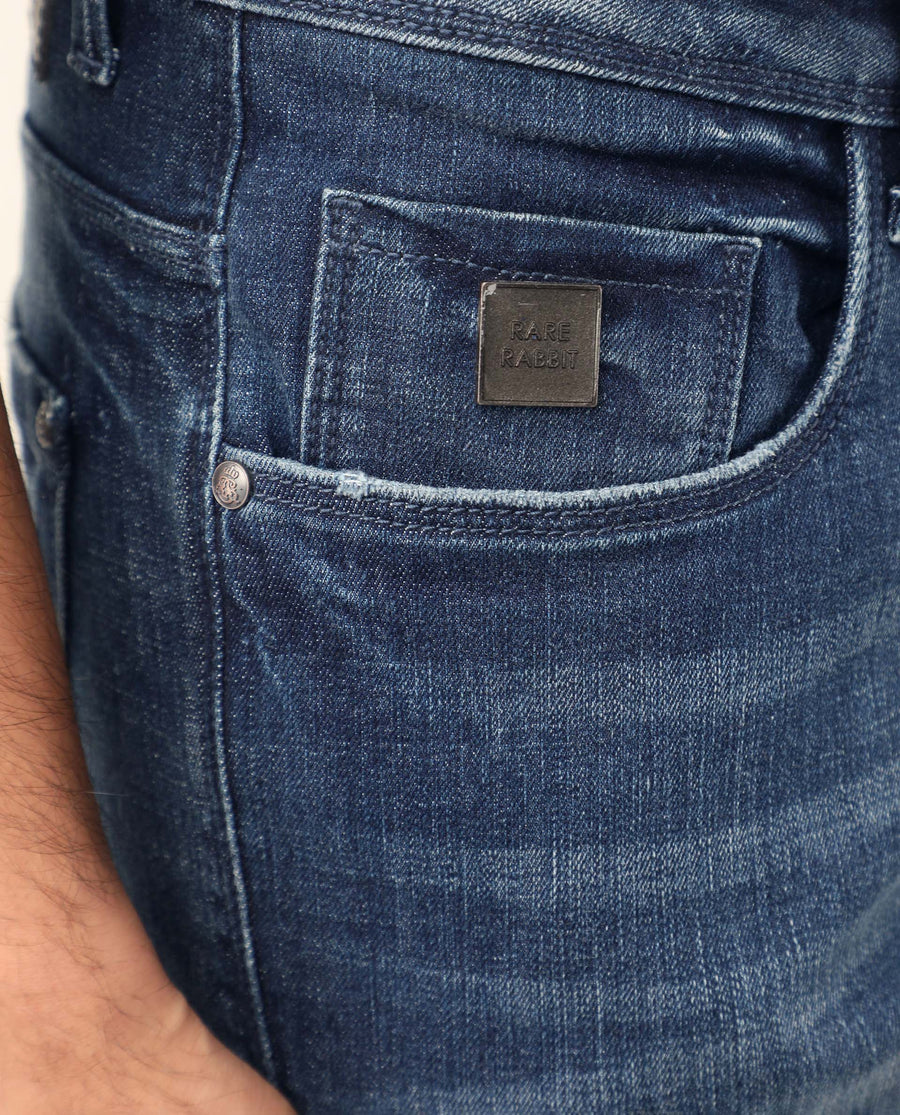 Rare Rabbit Men's Grimm Blue Cotton Plain Hawk Slim Fit Jeans