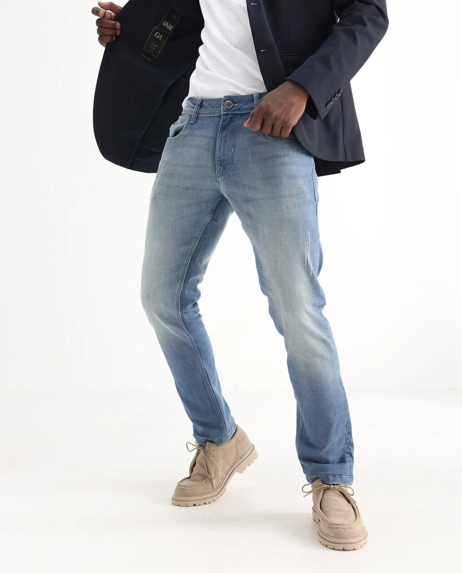 Rare Rabbit Men's Grimm Light Blue Cotton Plain Hawk Slim Fit Jeans