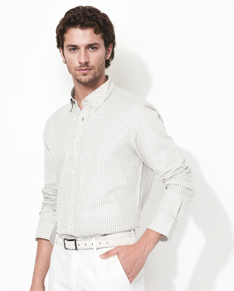 Rare Rabbit Men's Grino Grey Cotton Checked Print Regular Fit Full Sleeve Collared Shirt