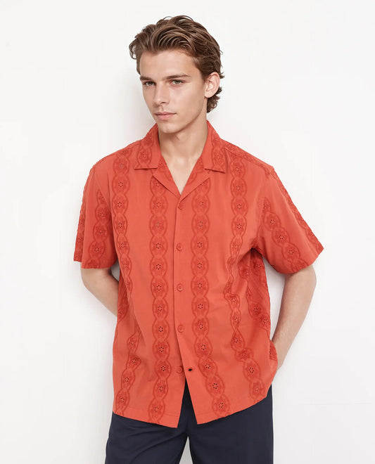 Rare Rabbit Men's Grin Orange Cotton Embroidered Relaxed Fit Half Sleeve Cuban Collar Shirt