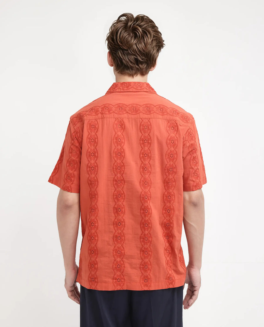 Rare Rabbit Men's Grin Orange Cotton Embroidered Relaxed Fit Half Sleeve Cuban Collar Shirt