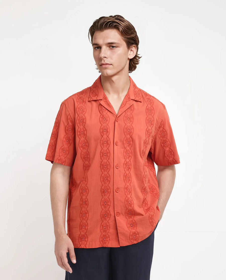 Rare Rabbit Men's Grin Orange Cotton Embroidered Relaxed Fit Half Sleeve Cuban Collar Shirt