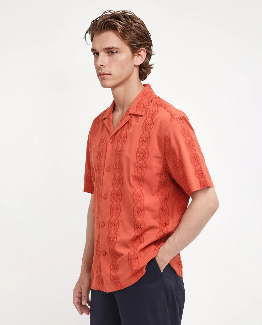 Rare Rabbit Men's Grin Orange Cotton Embroidered Relaxed Fit Half Sleeve Cuban Collar Shirt