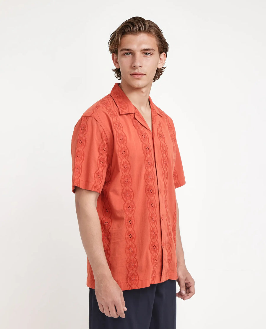Rare Rabbit Men's Grin Orange Cotton Embroidered Relaxed Fit Half Sleeve Cuban Collar Shirt