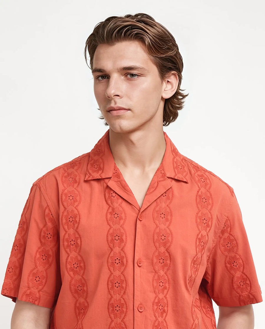 Rare Rabbit Men's Grin Orange Cotton Embroidered Relaxed Fit Half Sleeve Cuban Collar Shirt