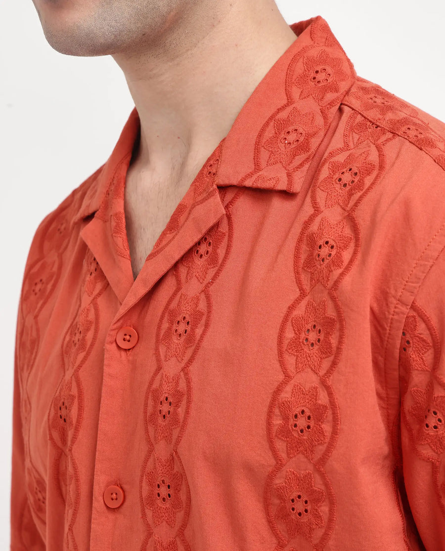 Rare Rabbit Men's Grin Orange Cotton Embroidered Relaxed Fit Half Sleeve Cuban Collar Shirt