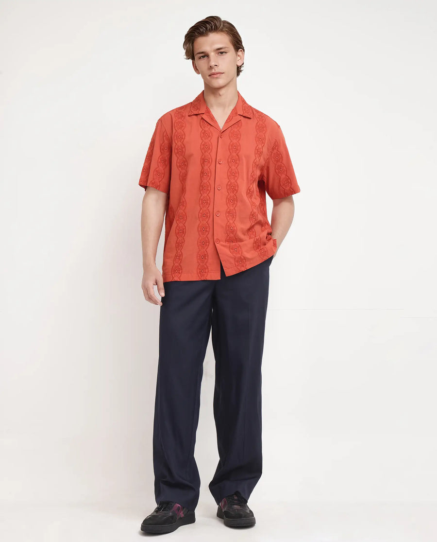 Rare Rabbit Men's Grin Orange Cotton Embroidered Relaxed Fit Half Sleeve Cuban Collar Shirt