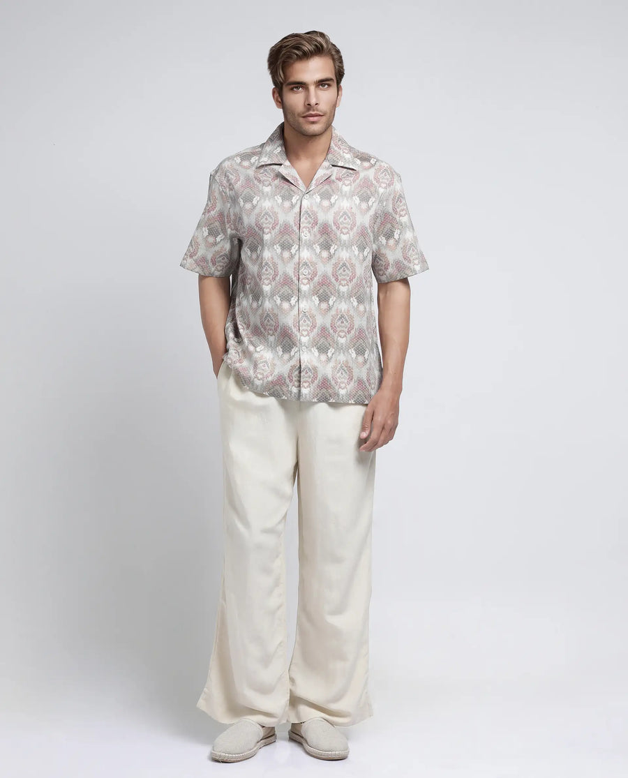 Rare Rabbit Men's Grit Beige Cotton Abstract Print Relaxed Fit Half Sleeve Cuban Collar Shirt