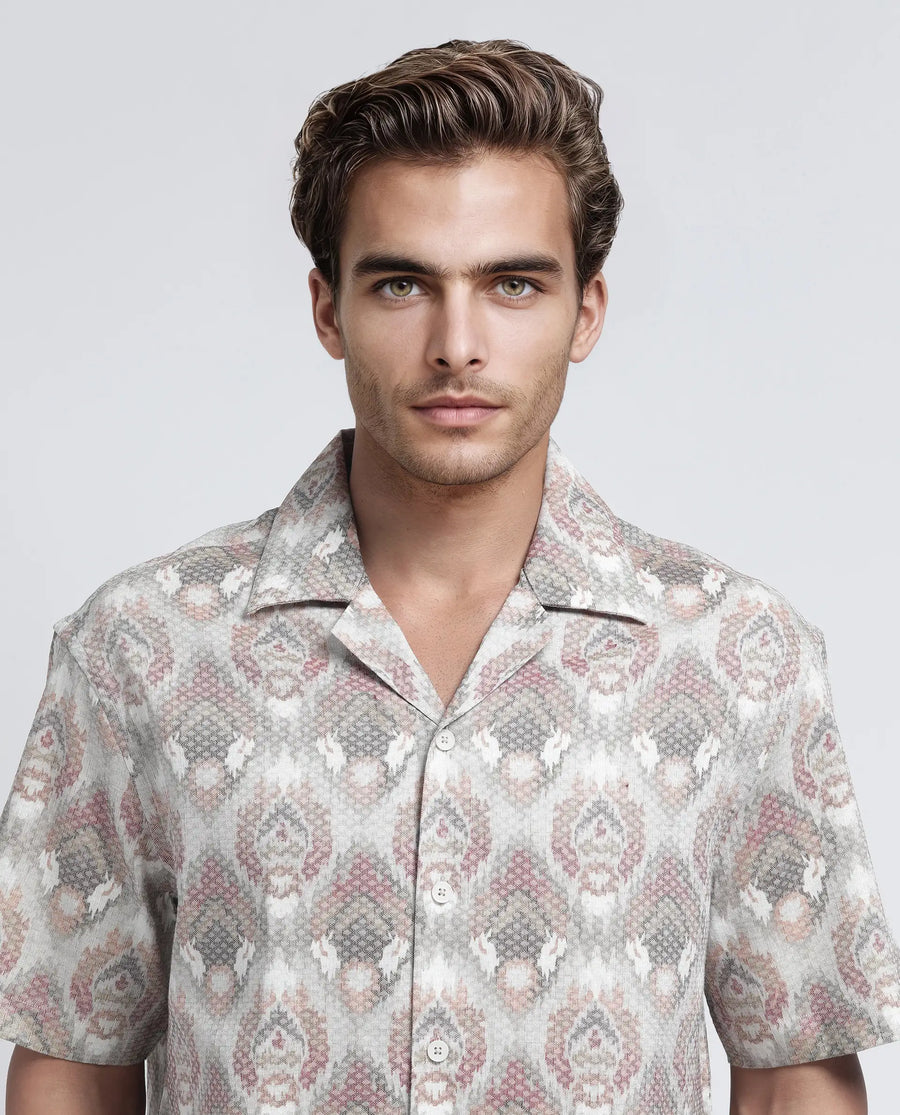 Rare Rabbit Men's Grit Beige Cotton Abstract Print Relaxed Fit Half Sleeve Cuban Collar Shirt