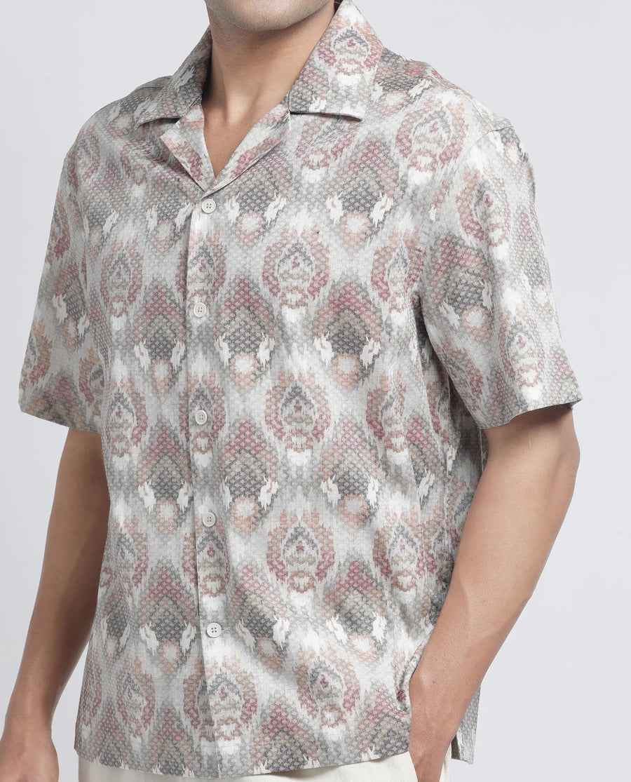 Rare Rabbit Men's Grit Beige Cotton Abstract Print Relaxed Fit Half Sleeve Cuban Collar Shirt