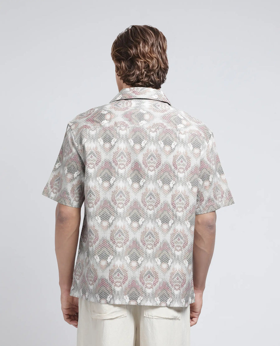 Rare Rabbit Men's Grit Beige Cotton Abstract Print Relaxed Fit Half Sleeve Cuban Collar Shirt
