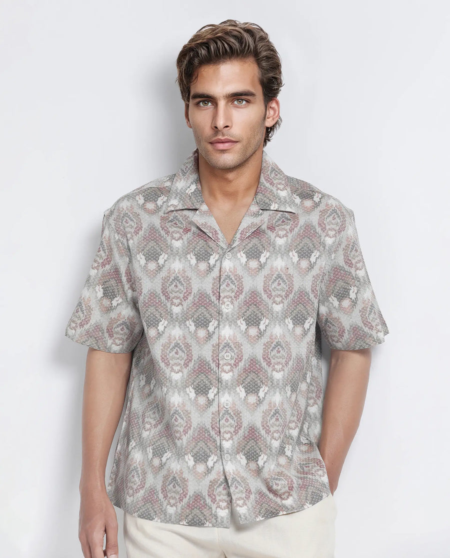 Rare Rabbit Men's Grit Beige Cotton Abstract Print Relaxed Fit Half Sleeve Cuban Collar Shirt