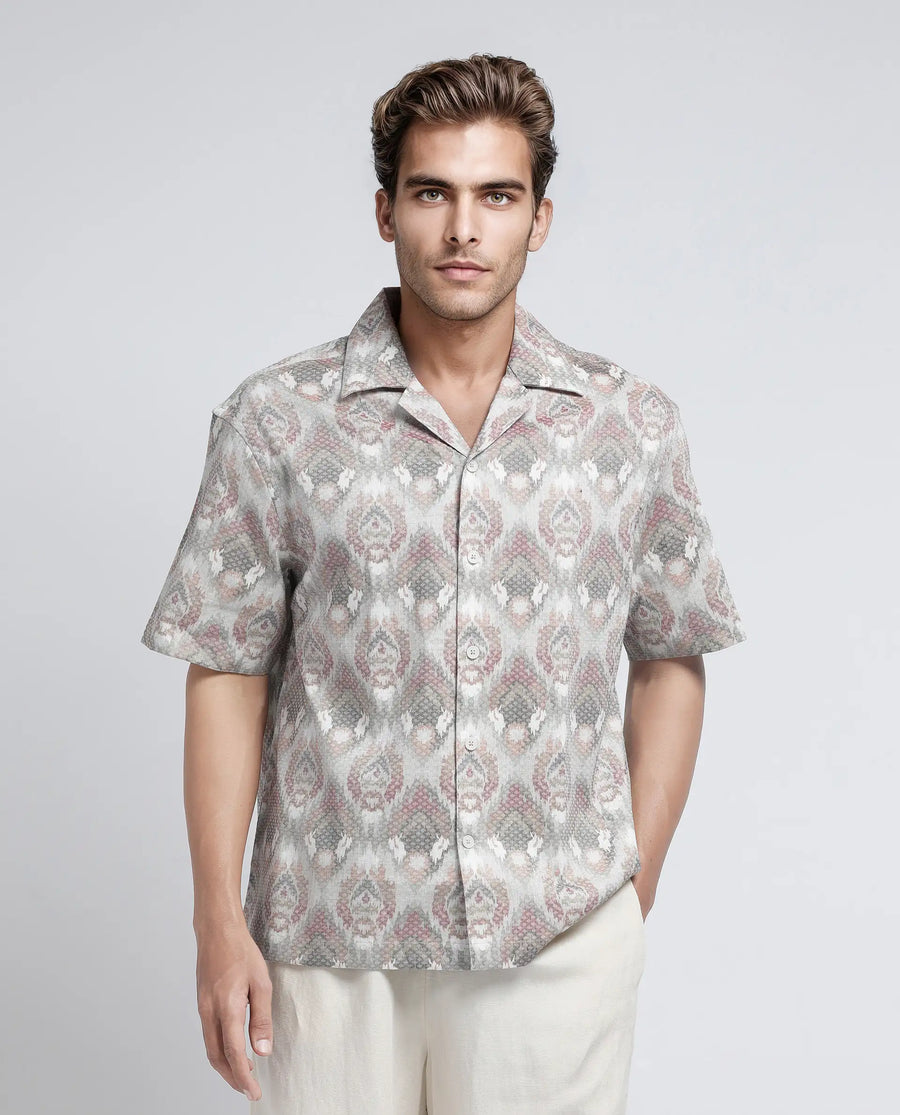 Rare Rabbit Men's Grit Beige Cotton Abstract Print Relaxed Fit Half Sleeve Cuban Collar Shirt