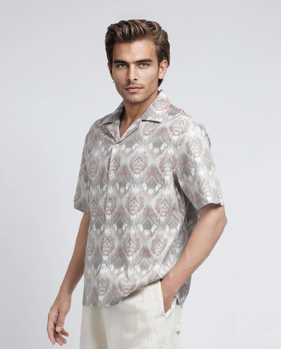 Rare Rabbit Men's Grit Beige Cotton Abstract Print Relaxed Fit Half Sleeve Cuban Collar Shirt