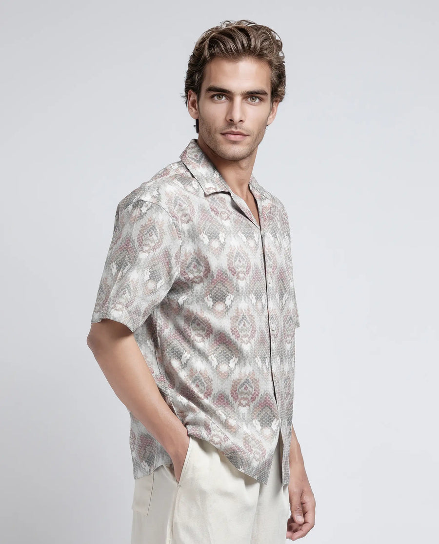 Rare Rabbit Men's Grit Beige Cotton Abstract Print Relaxed Fit Half Sleeve Cuban Collar Shirt