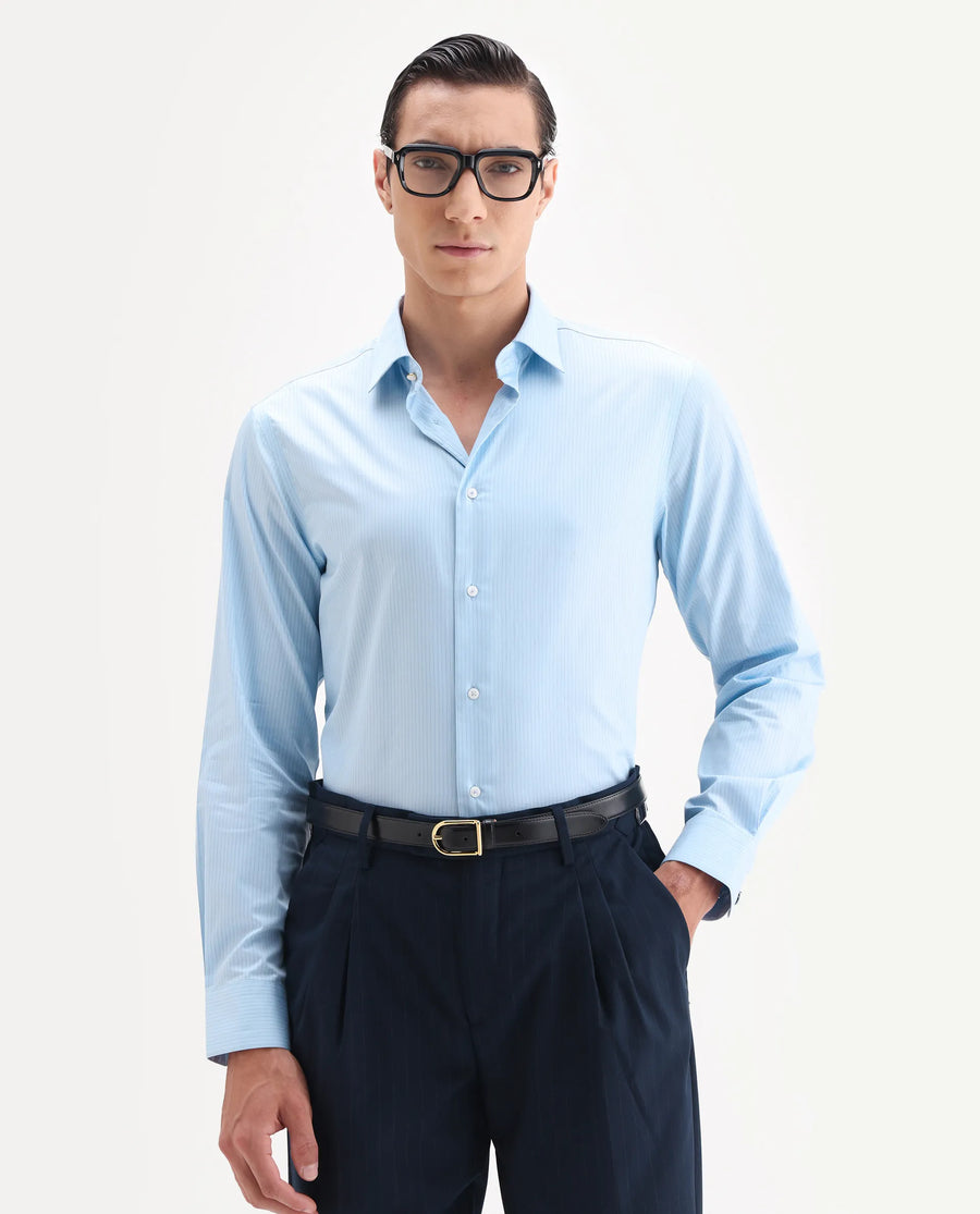 Rare Rabbit Men's Grol Blue Cotton Blend Fabric Collared Neck Regular Fit Striped Shirt