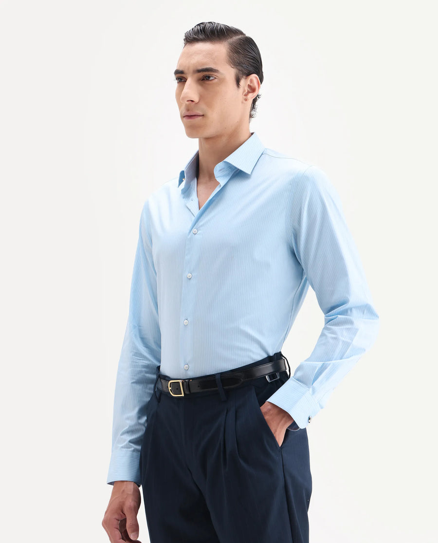 Rare Rabbit Men's Grol Blue Cotton Blend Fabric Collared Neck Regular Fit Striped Shirt