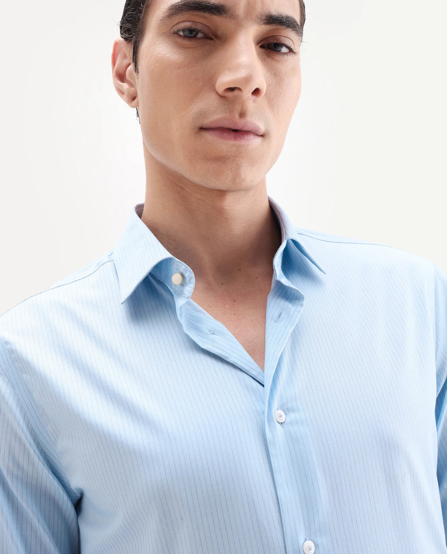Rare Rabbit Men's Grol Blue Cotton Blend Fabric Collared Neck Regular Fit Striped Shirt