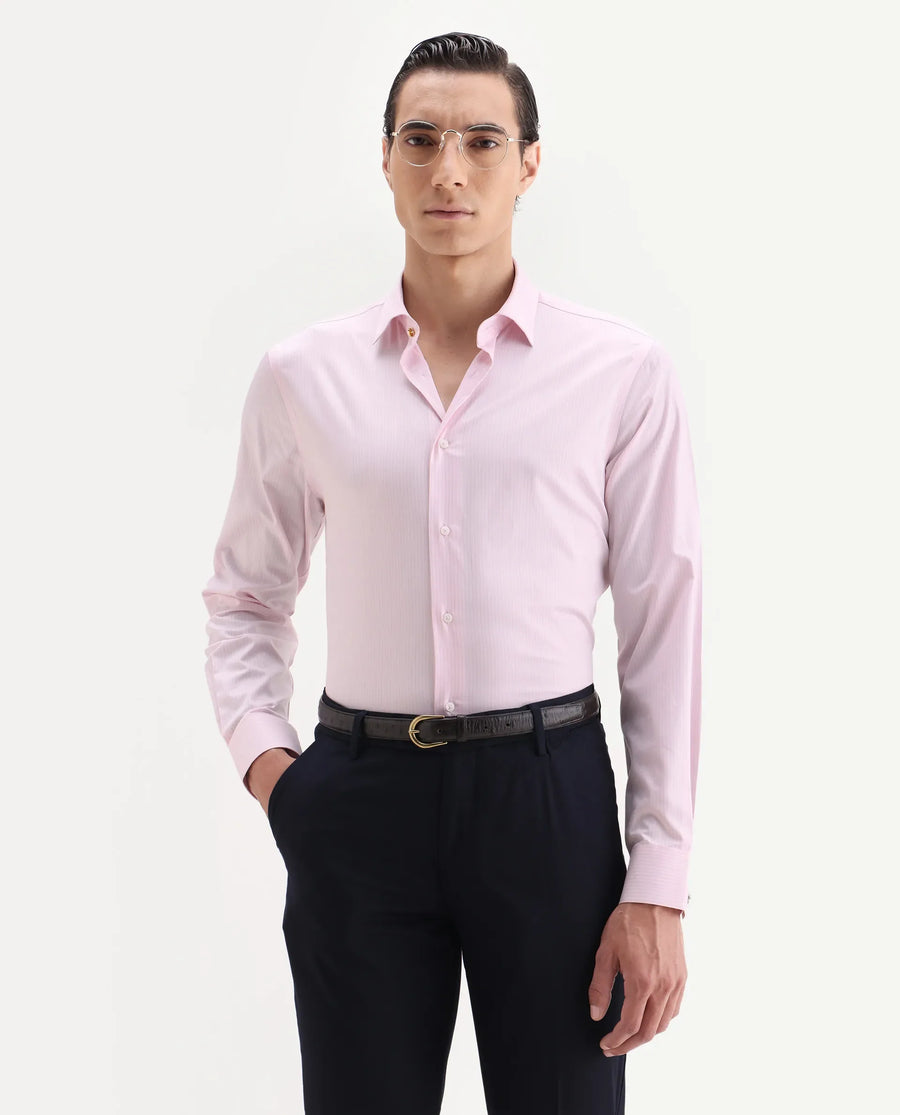 Rare Rabbit Men's Grol Pink Cotton Blend Fabric Collared Neck Regular Fit Striped Shirt