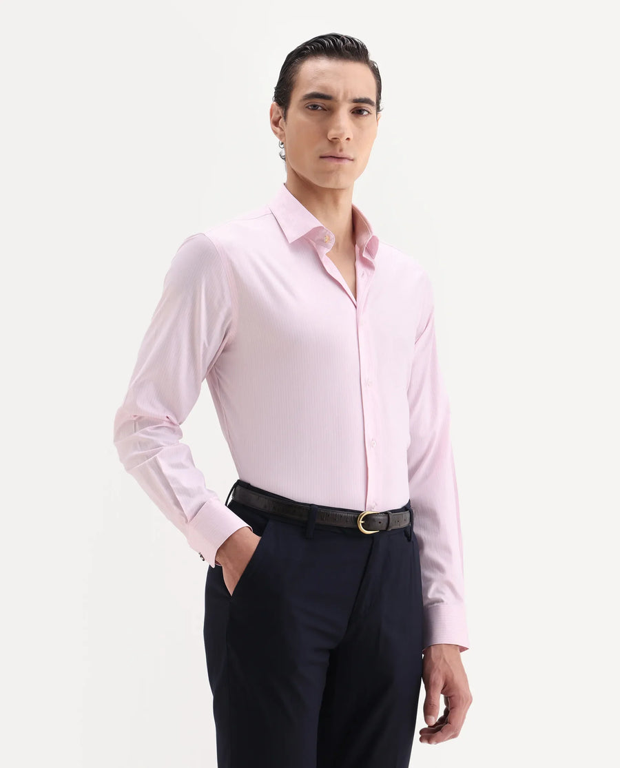 Rare Rabbit Men's Grol Pink Cotton Blend Fabric Collared Neck Regular Fit Striped Shirt