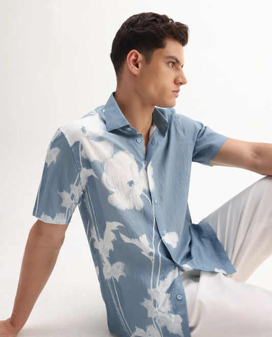 Rare Rabbit Men's Groti Light Blue Viscose Blend Floral Print Relaxed Fit Half Sleeve Collared Shirt