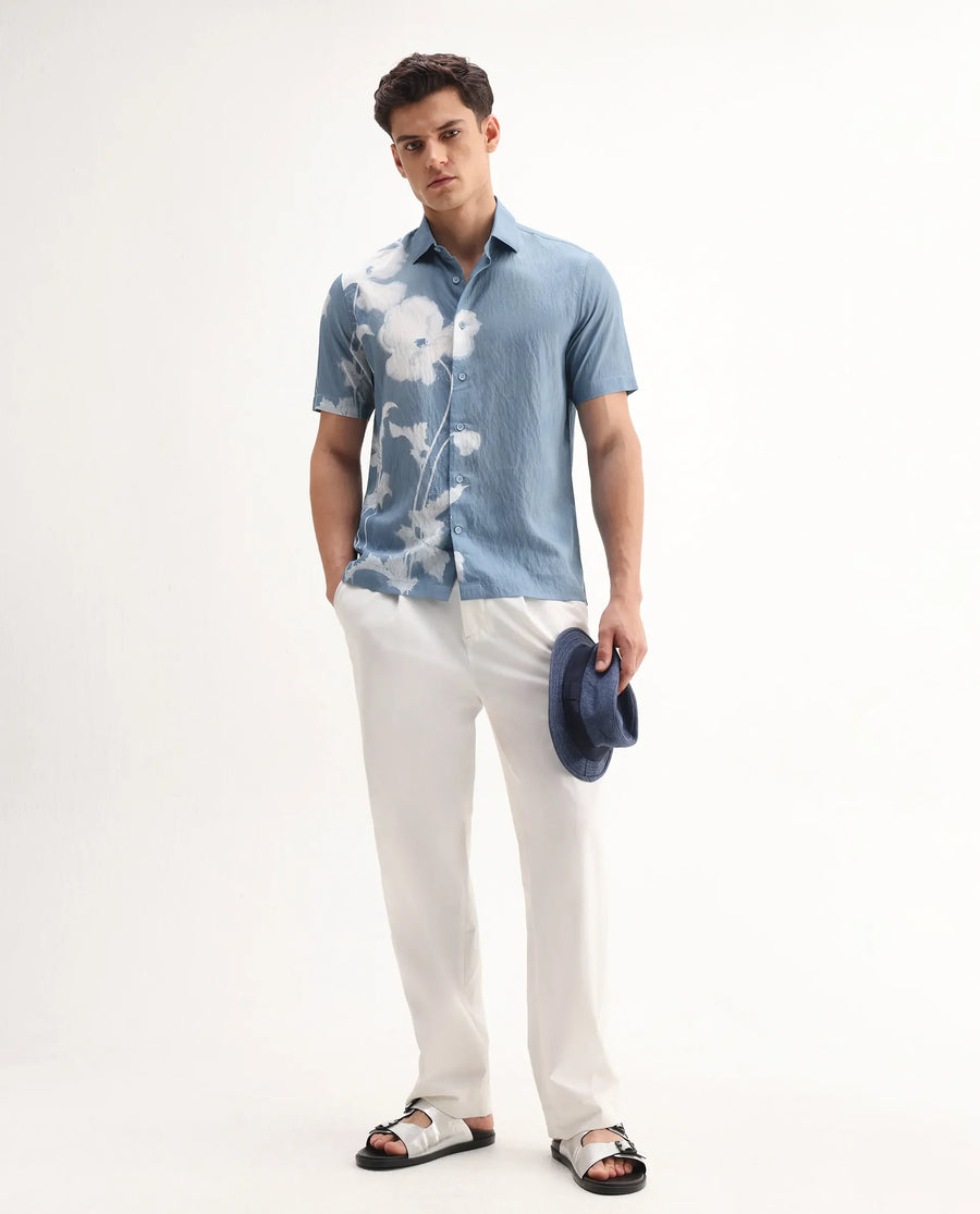 Rare Rabbit Men's Groti Light Blue Viscose Blend Floral Print Relaxed Fit Half Sleeve Collared Shirt