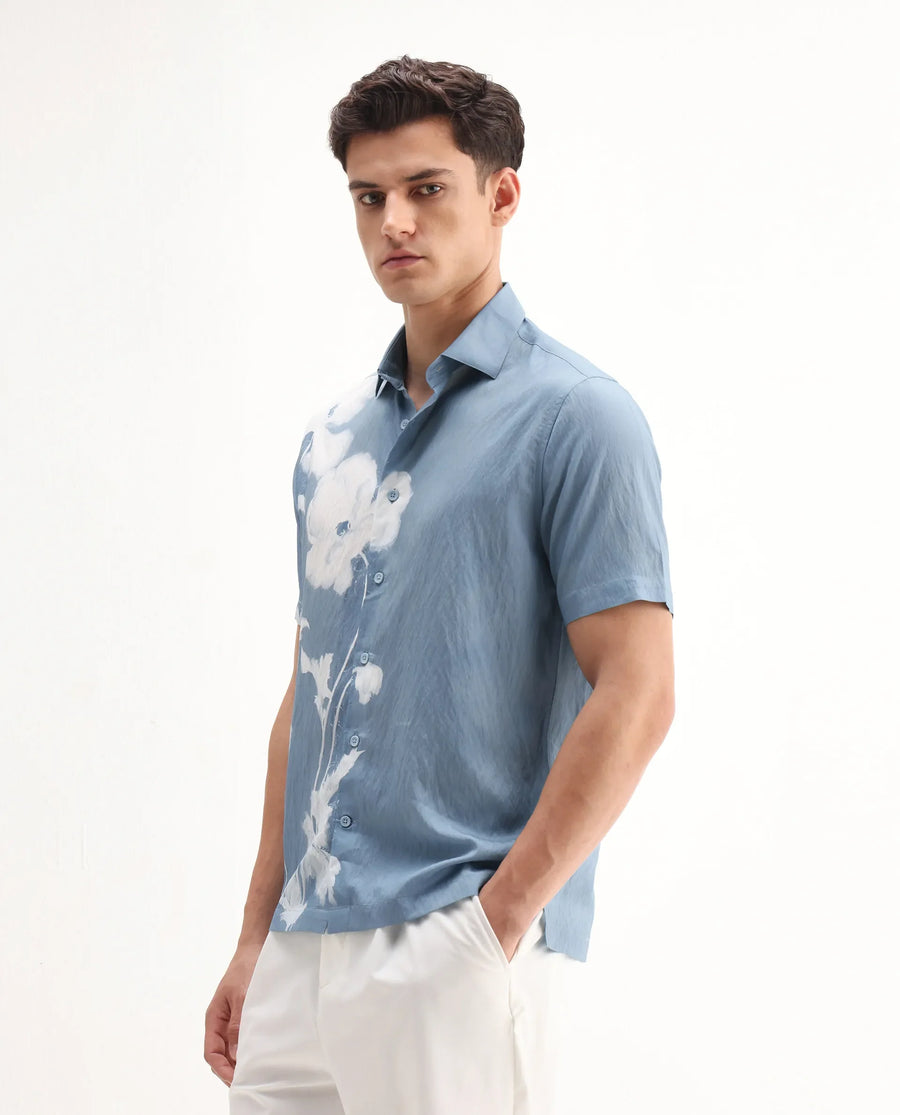 Rare Rabbit Men's Groti Light Blue Viscose Blend Floral Print Relaxed Fit Half Sleeve Collared Shirt