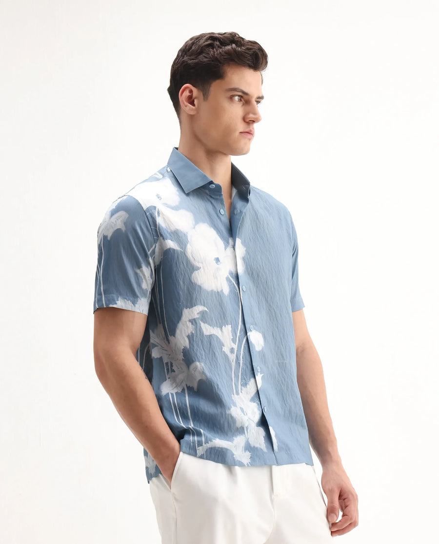 Rare Rabbit Men's Groti Light Blue Viscose Blend Floral Print Relaxed Fit Half Sleeve Collared Shirt