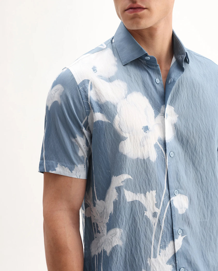 Rare Rabbit Men's Groti Light Blue Viscose Blend Floral Print Relaxed Fit Half Sleeve Collared Shirt