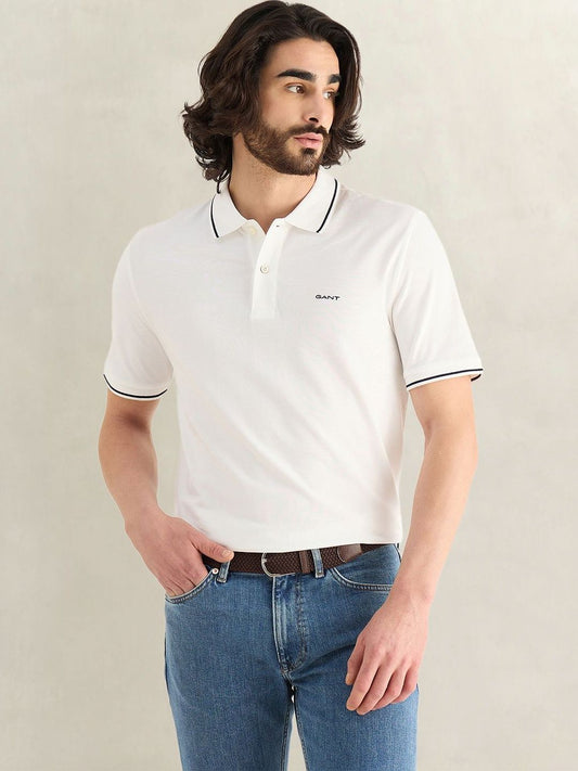 Gant Men White Solid Regular Fit Pique Polo T-Shirt