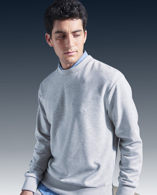 Rare Rabbit Men's Renzi Melange Grey Modal Plain Boxy Fit Full Sleeve Crew Neck Sweatshirt