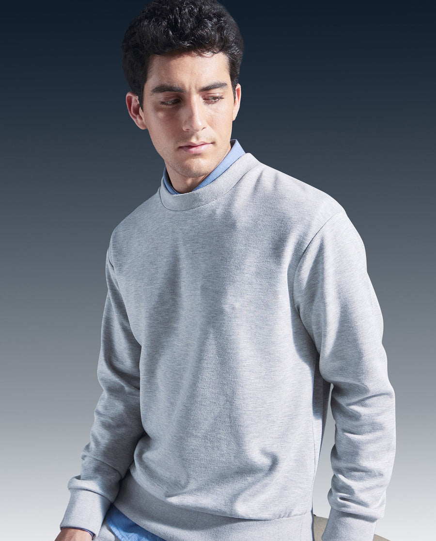 Rare Rabbit Men's Renzi Melange Grey Modal Plain Boxy Fit Full Sleeve Crew Neck Sweatshirt
