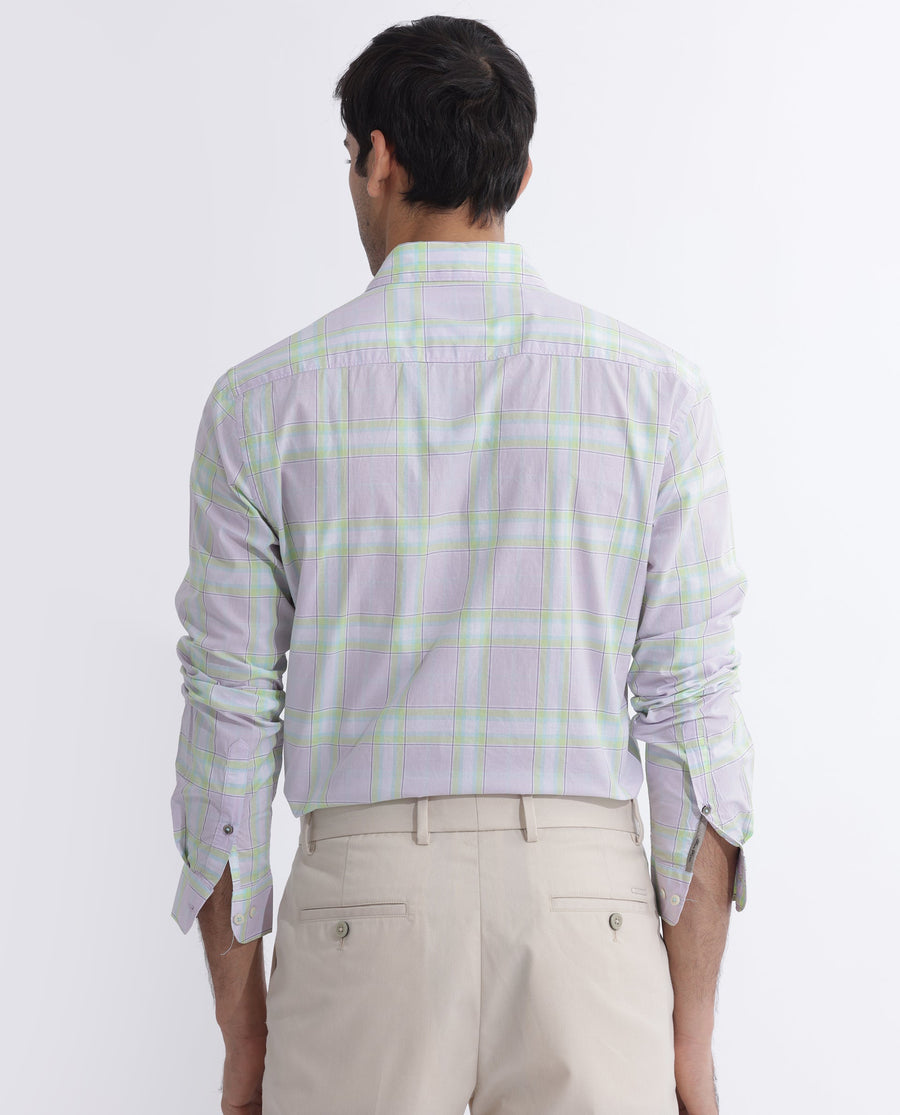 Rare Rabbit Men's Gull Purple Cotton Checked Print Regular Fit Full Sleeve Collared Shirt