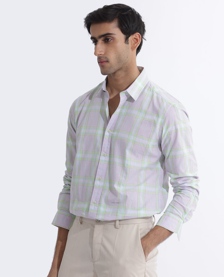 Rare Rabbit Men's Gull Purple Cotton Checked Print Regular Fit Full Sleeve Collared Shirt