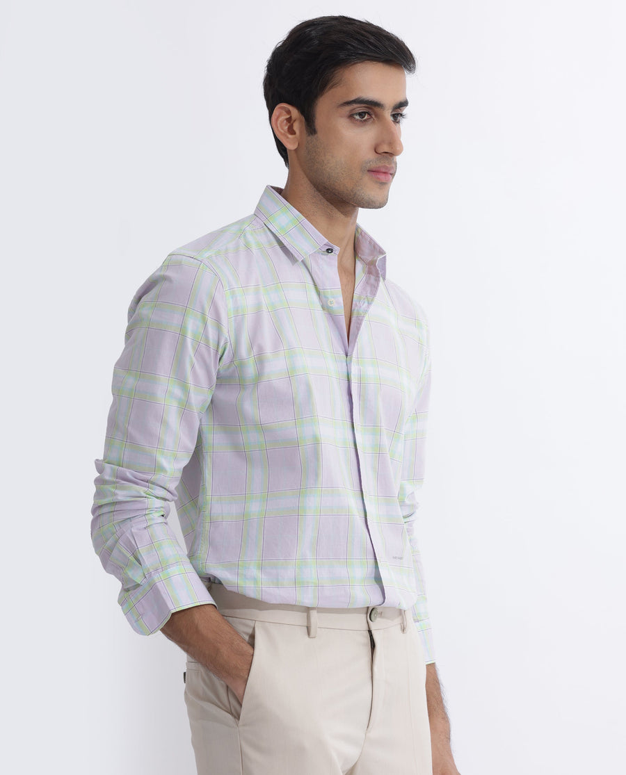 Rare Rabbit Men's Gull Purple Cotton Checked Print Regular Fit Full Sleeve Collared Shirt