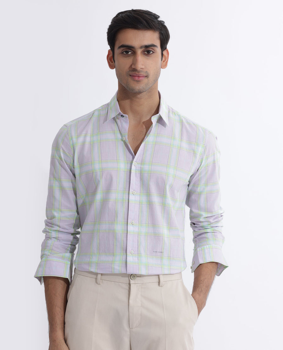 Rare Rabbit Men's Gull Purple Cotton Checked Print Regular Fit Full Sleeve Collared Shirt