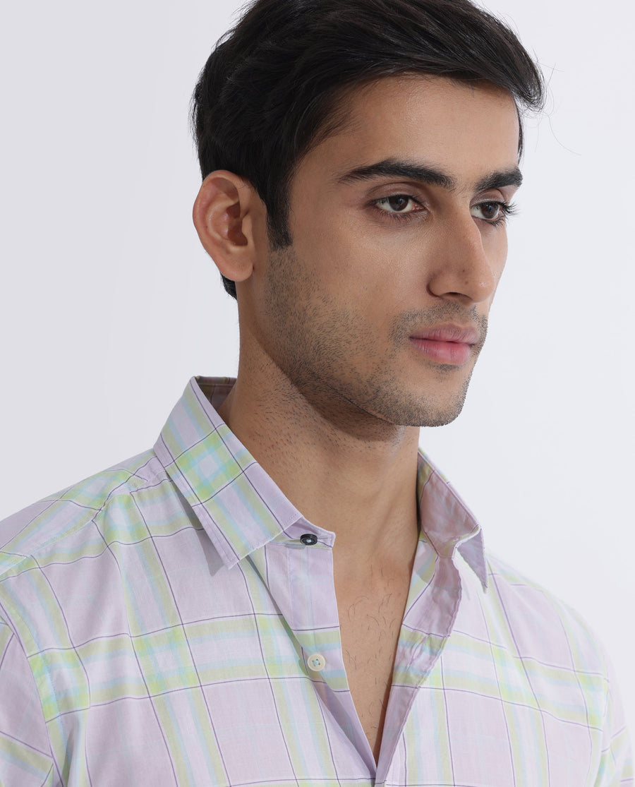 Rare Rabbit Men's Gull Purple Cotton Checked Print Regular Fit Full Sleeve Collared Shirt