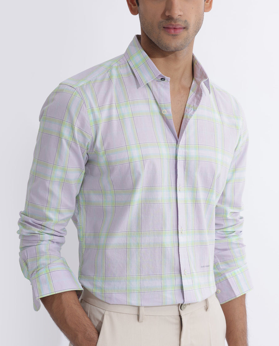 Rare Rabbit Men's Gull Purple Cotton Checked Print Regular Fit Full Sleeve Collared Shirt