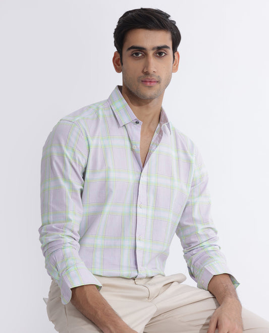 Rare Rabbit Men's Gull Purple Cotton Checked Print Regular Fit Full Sleeve Collared Shirt