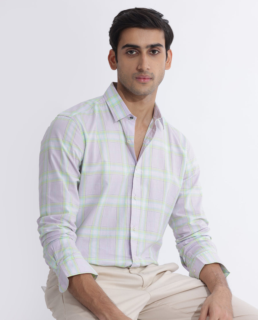 Rare Rabbit Men's Gull Purple Cotton Checked Print Regular Fit Full Sleeve Collared Shirt