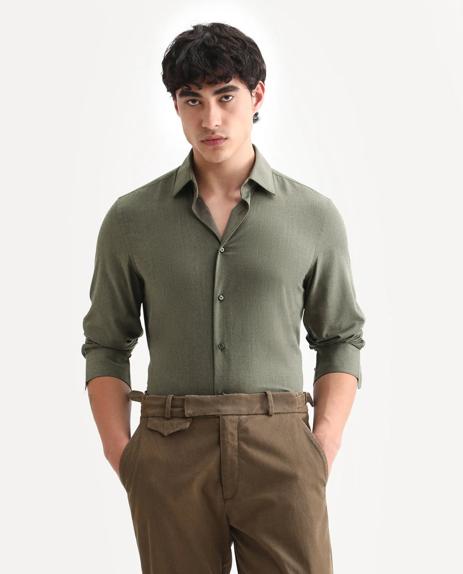 Rare Rabbit Men's Gunjo 25 Dusky Green Polyester Plain Regular Fit Full Sleeve Collared Shirt