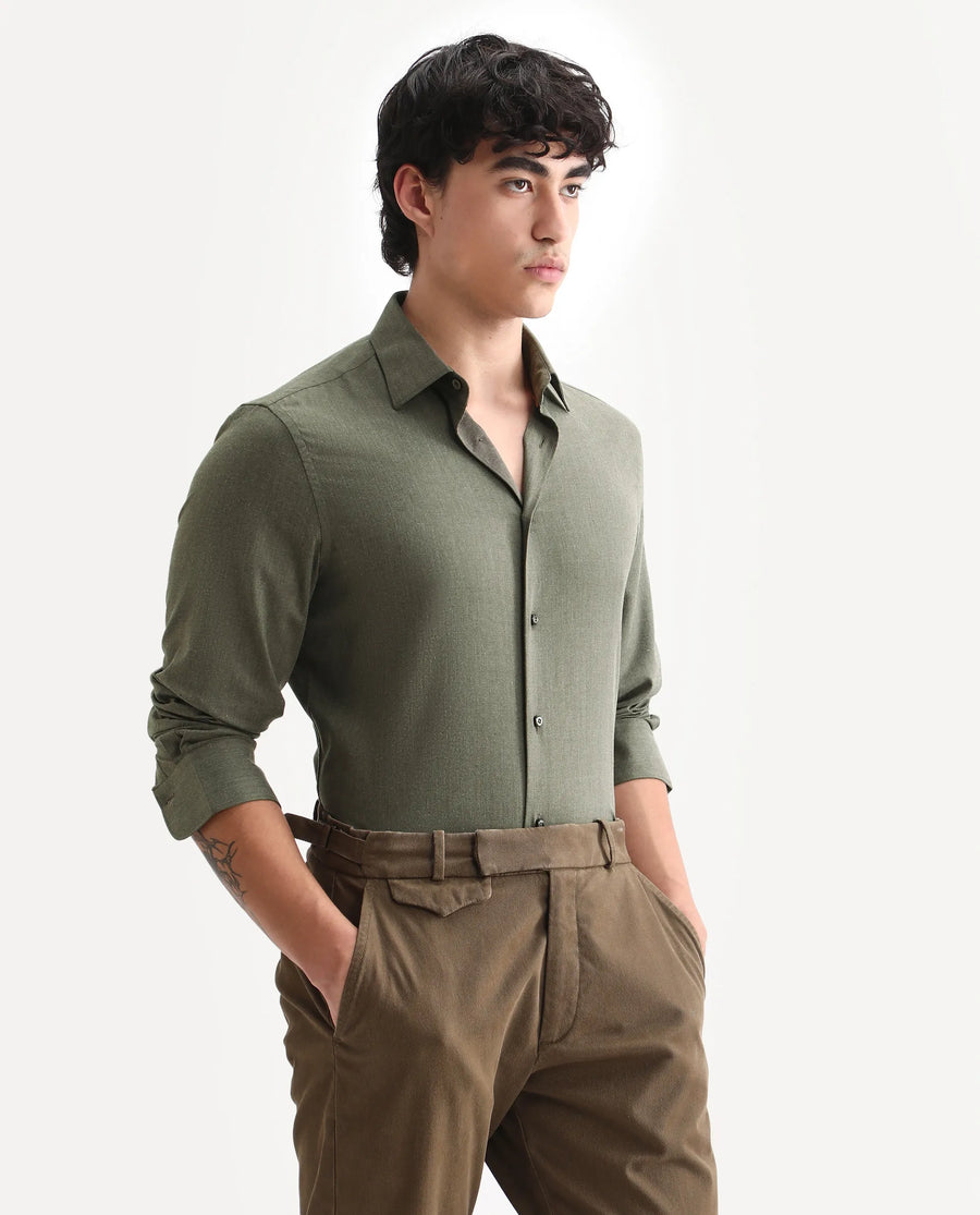 Rare Rabbit Men's Gunjo 25 Dusky Green Polyester Plain Regular Fit Full Sleeve Collared Shirt