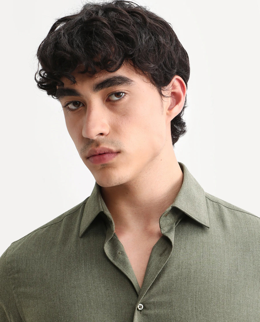 Rare Rabbit Men's Gunjo 25 Dusky Green Polyester Plain Regular Fit Full Sleeve Collared Shirt