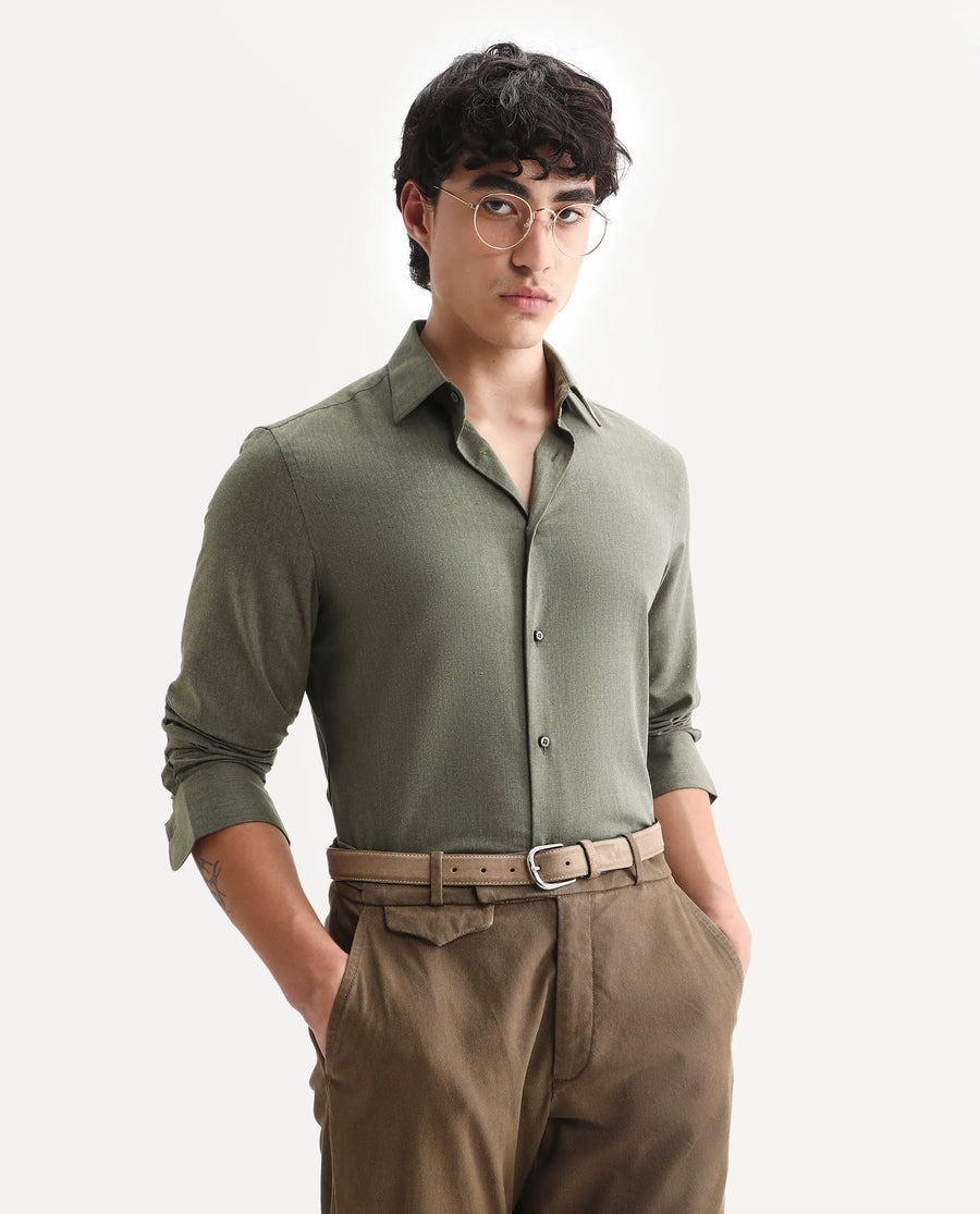 Rare Rabbit Men's Gunjo 25 Dusky Green Polyester Plain Regular Fit Full Sleeve Collared Shirt