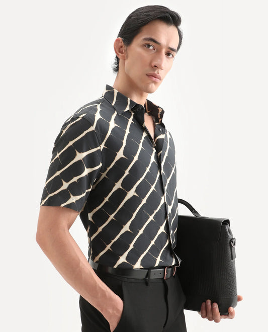 Rare Rabbit Men's Gunt Black Viscose Fabric Half Sleeve Spread Collar Regular Fit Abstract Print Shirt