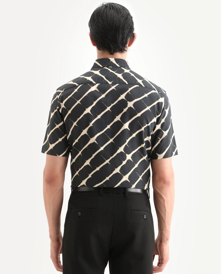 Rare Rabbit Men's Gunt Black Viscose Fabric Half Sleeve Spread Collar Regular Fit Abstract Print Shirt