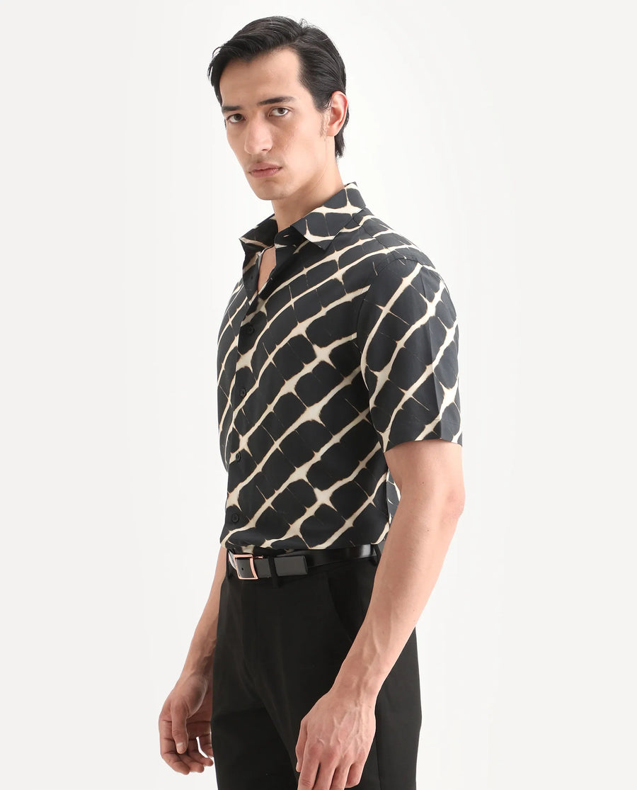 Rare Rabbit Men's Gunt Black Viscose Fabric Half Sleeve Spread Collar Regular Fit Abstract Print Shirt
