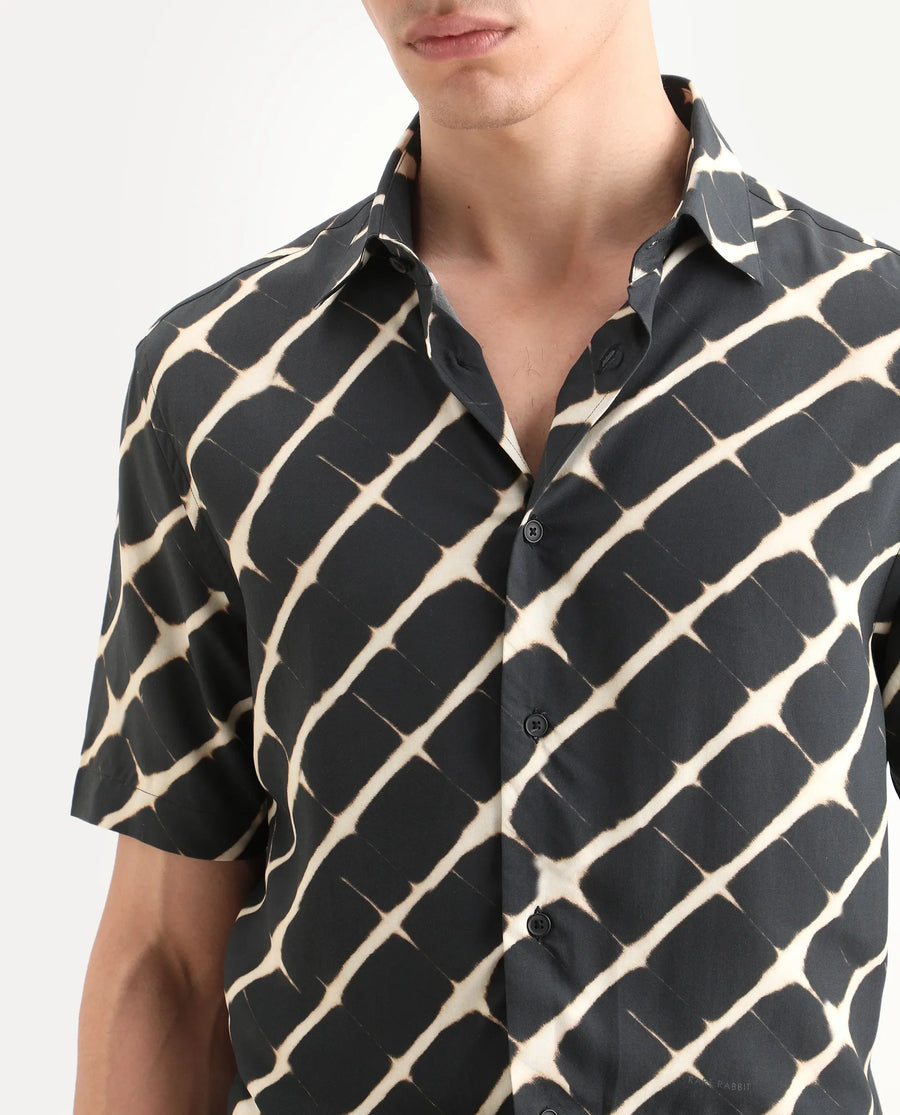 Rare Rabbit Men's Gunt Black Viscose Fabric Half Sleeve Spread Collar Regular Fit Abstract Print Shirt