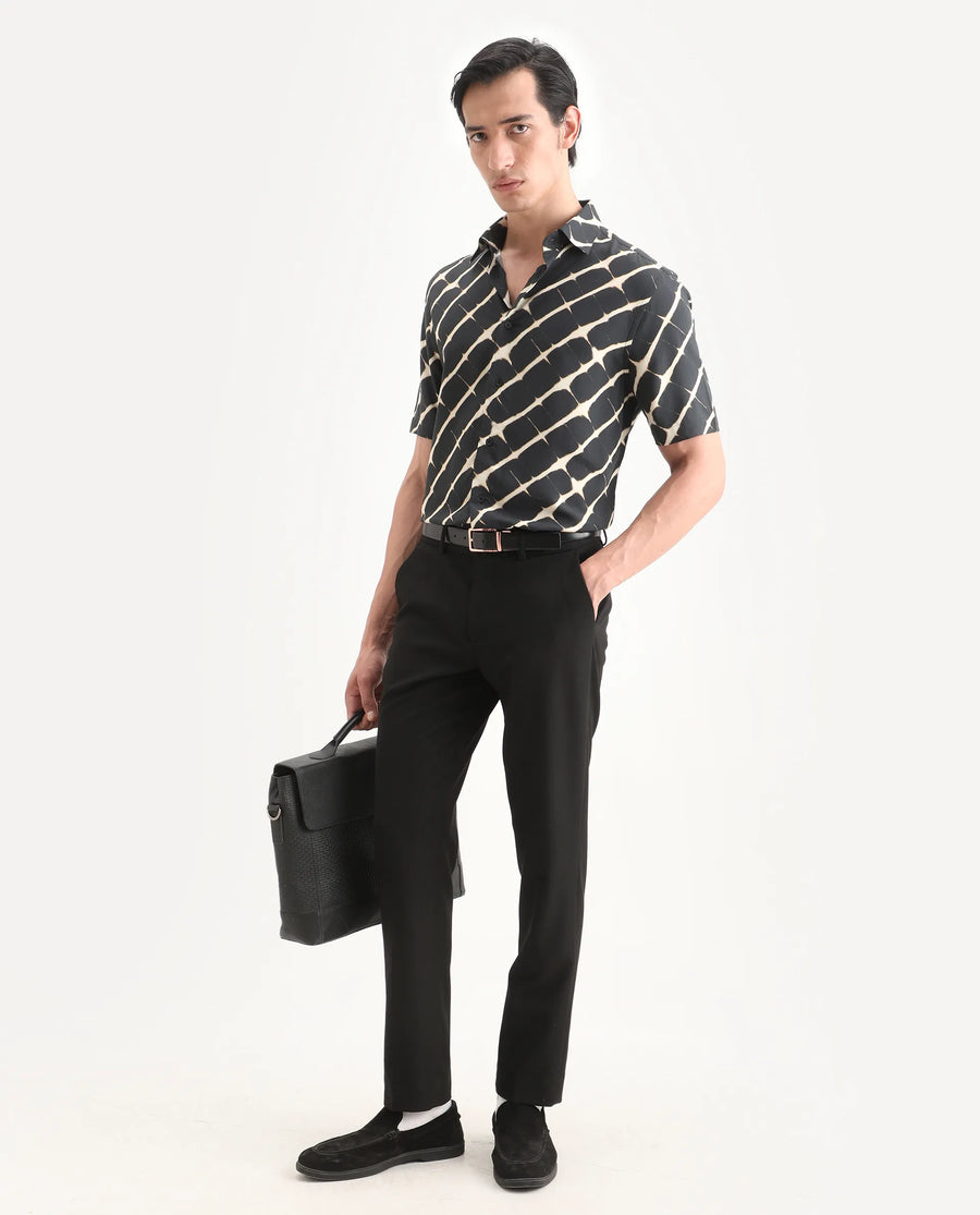 Rare Rabbit Men's Gunt Black Viscose Fabric Half Sleeve Spread Collar Regular Fit Abstract Print Shirt